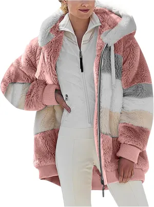 Womens Winter Coats Fuzzy Fleece Jacket Hooded Color Block Patchwork Cardigan Coat Zip Outerwear with Pockets