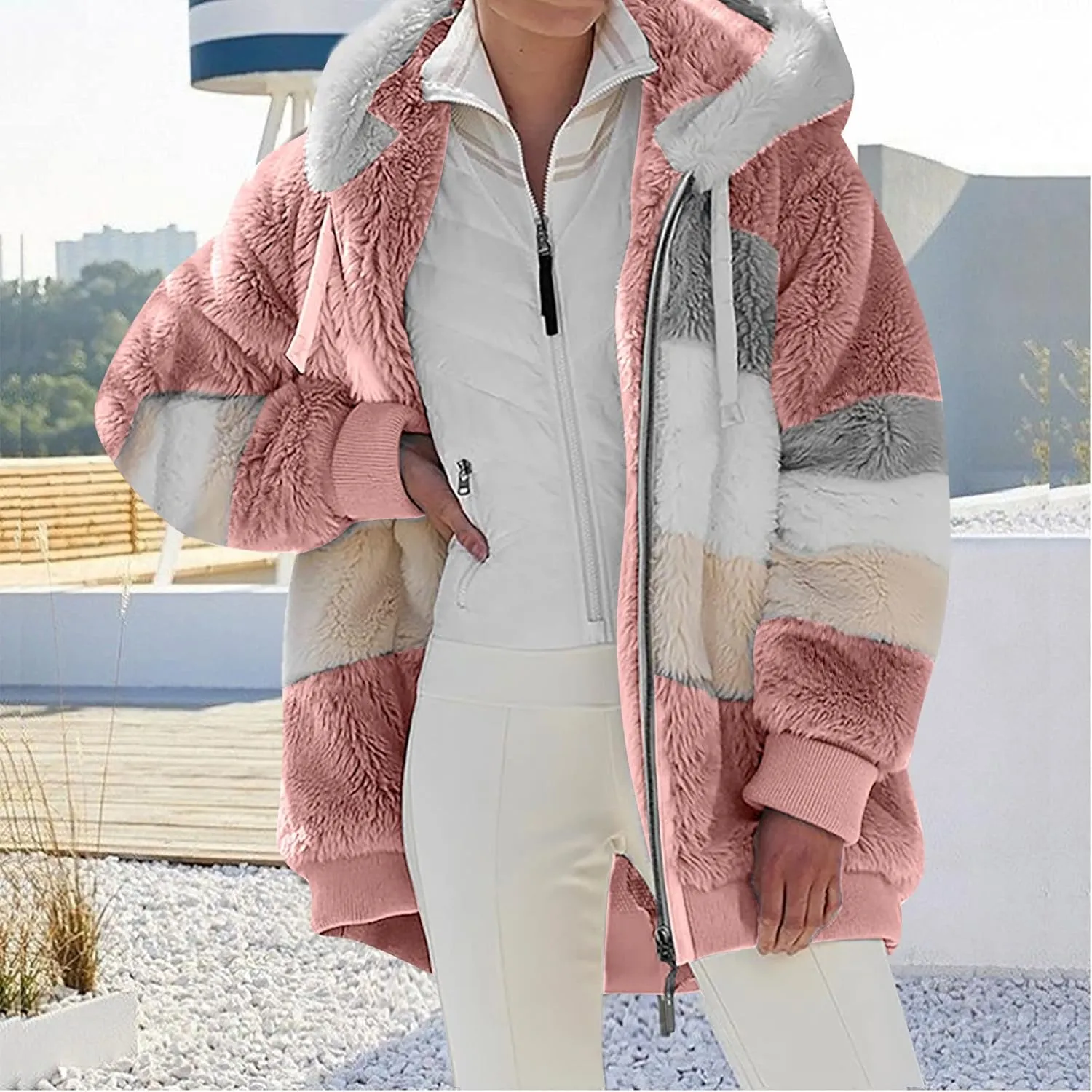 Womens Winter Coats Fuzzy Fleece Jacket Hooded Color Block Patchwork Cardigan Coat Zip Outerwear with Pockets