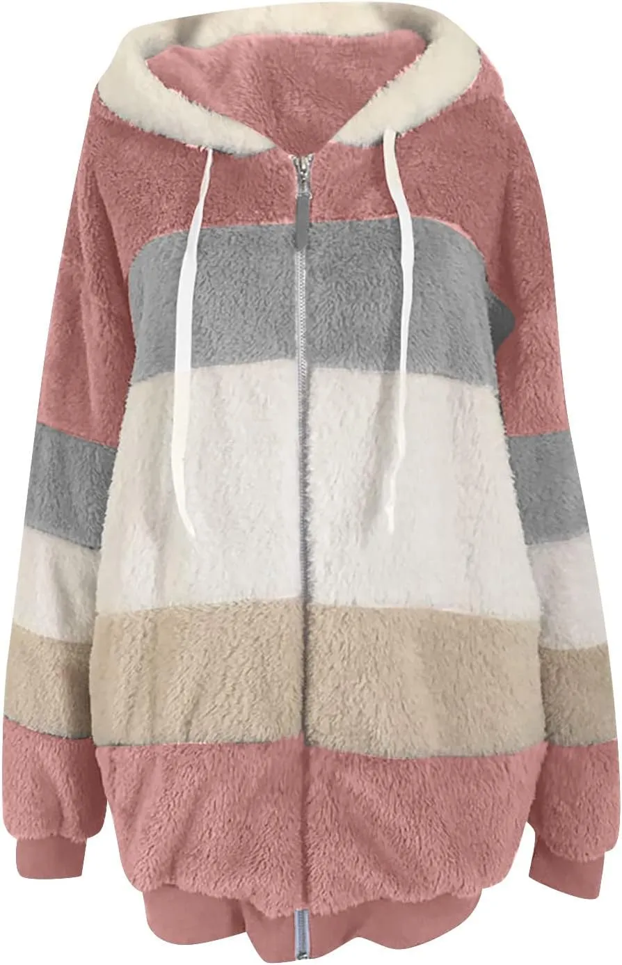 Womens Winter Coats Fuzzy Fleece Jacket Hooded Color Block Patchwork Cardigan Coat Zip Outerwear with Pockets