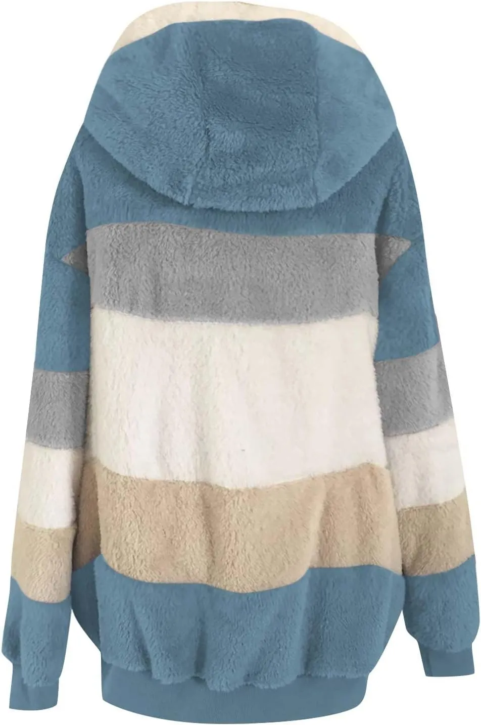 Womens Winter Coats Fuzzy Fleece Jacket Hooded Color Block Patchwork Cardigan Coat Zip Outerwear with Pockets