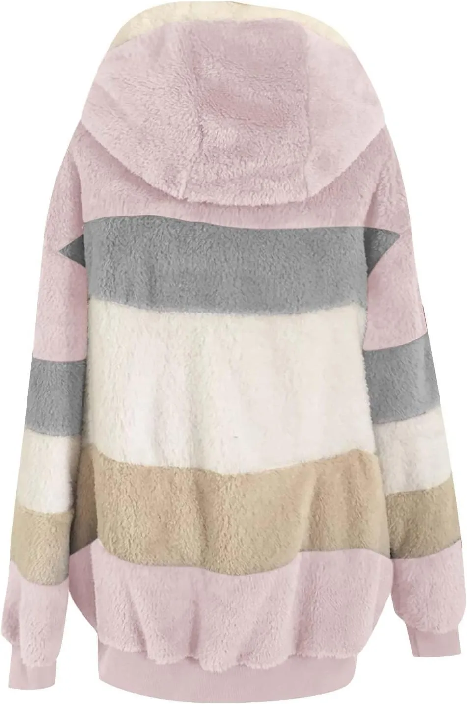 Womens Winter Coats Fuzzy Fleece Jacket Hooded Color Block Patchwork Cardigan Coat Zip Outerwear with Pockets
