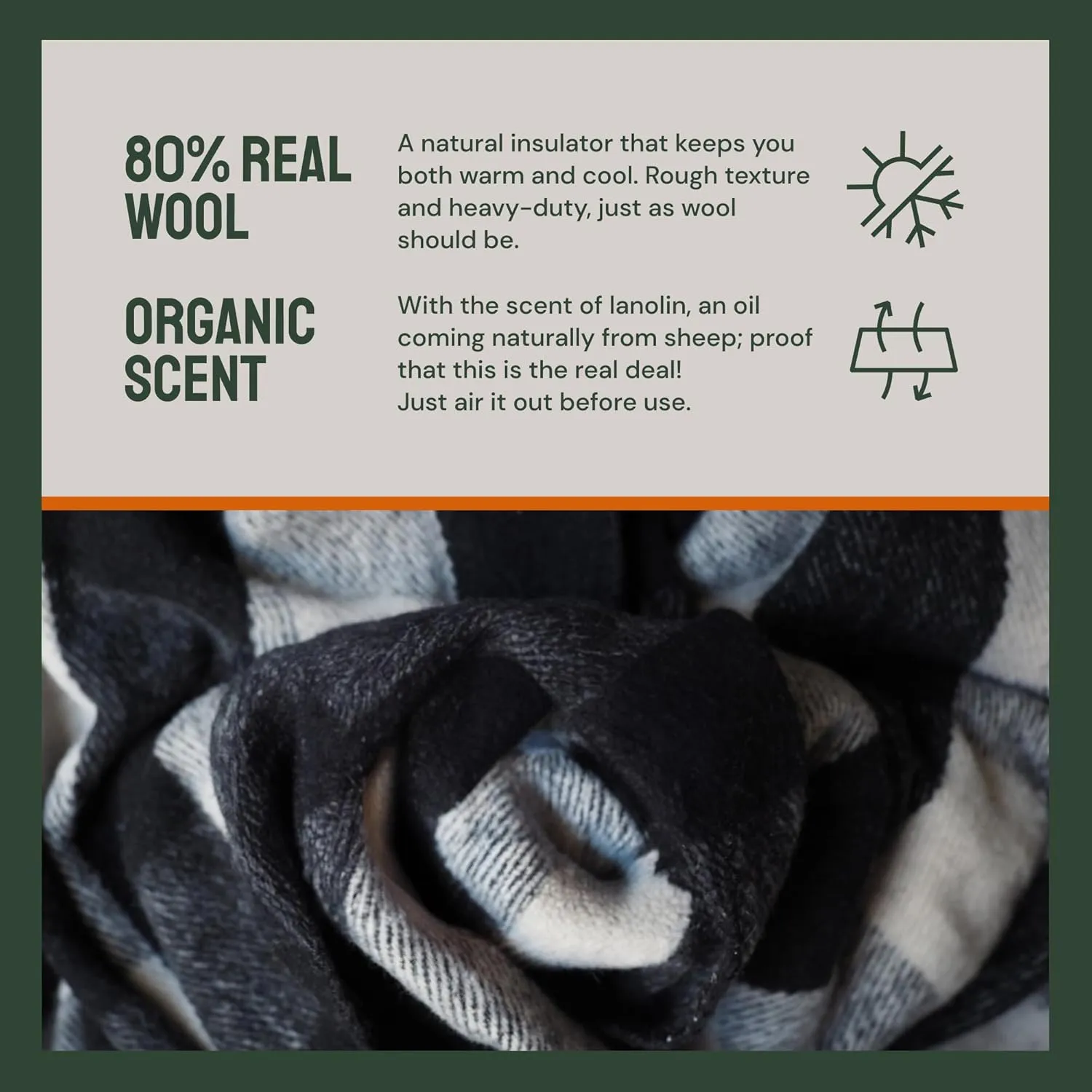 Woolly Mammoth Merino Wool Blanket- 66" x 90" 4 lbs Thick, Outdoor/Indoor Throw for Campfire, Picnic, Beach, Van Life, Home, Heavy Duty Insulating Sleep Plaid, Twin Size Bed, Black/Cream Design