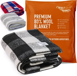 Woolly Mammoth Merino Wool Blanket- 66" x 90" 4 lbs Thick, Outdoor/Indoor Throw for Campfire, Picnic, Beach, Van Life, Home, Heavy Duty Insulating Sleep Plaid, Twin Size Bed, Black/Cream Design