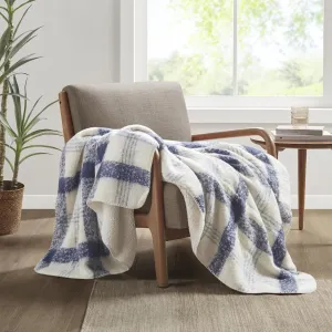 Woolrich Faux Mohair to Sherpa Throw, Classic Plaid Pattern with Whipstitch Accent Blanket Throw, All Seasons, Lightweight Cover, Cottage Style Room Décor Cozy Blanket, Bloomington, 50x60 Blue