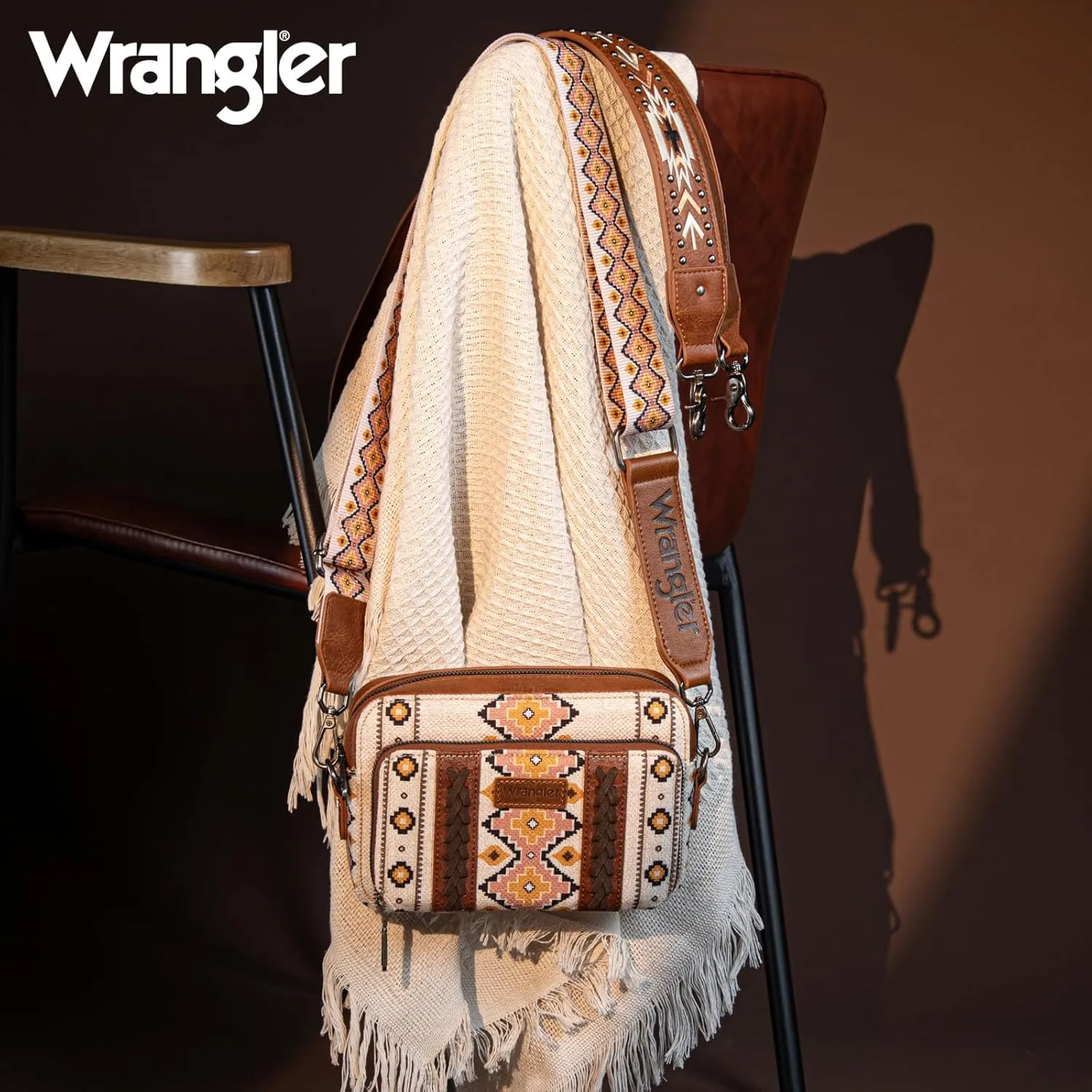Wrangler Crossbody Bag for Women Boho Aztec Small Multi Pocket Crossover Purse
