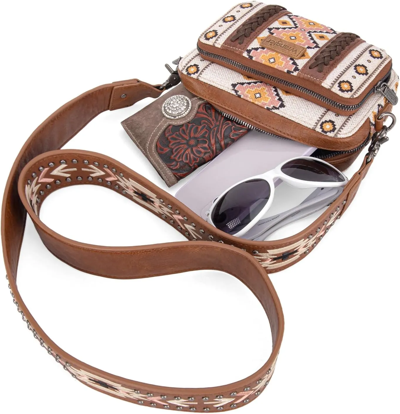 Wrangler Crossbody Bag for Women Boho Aztec Small Multi Pocket Crossover Purse