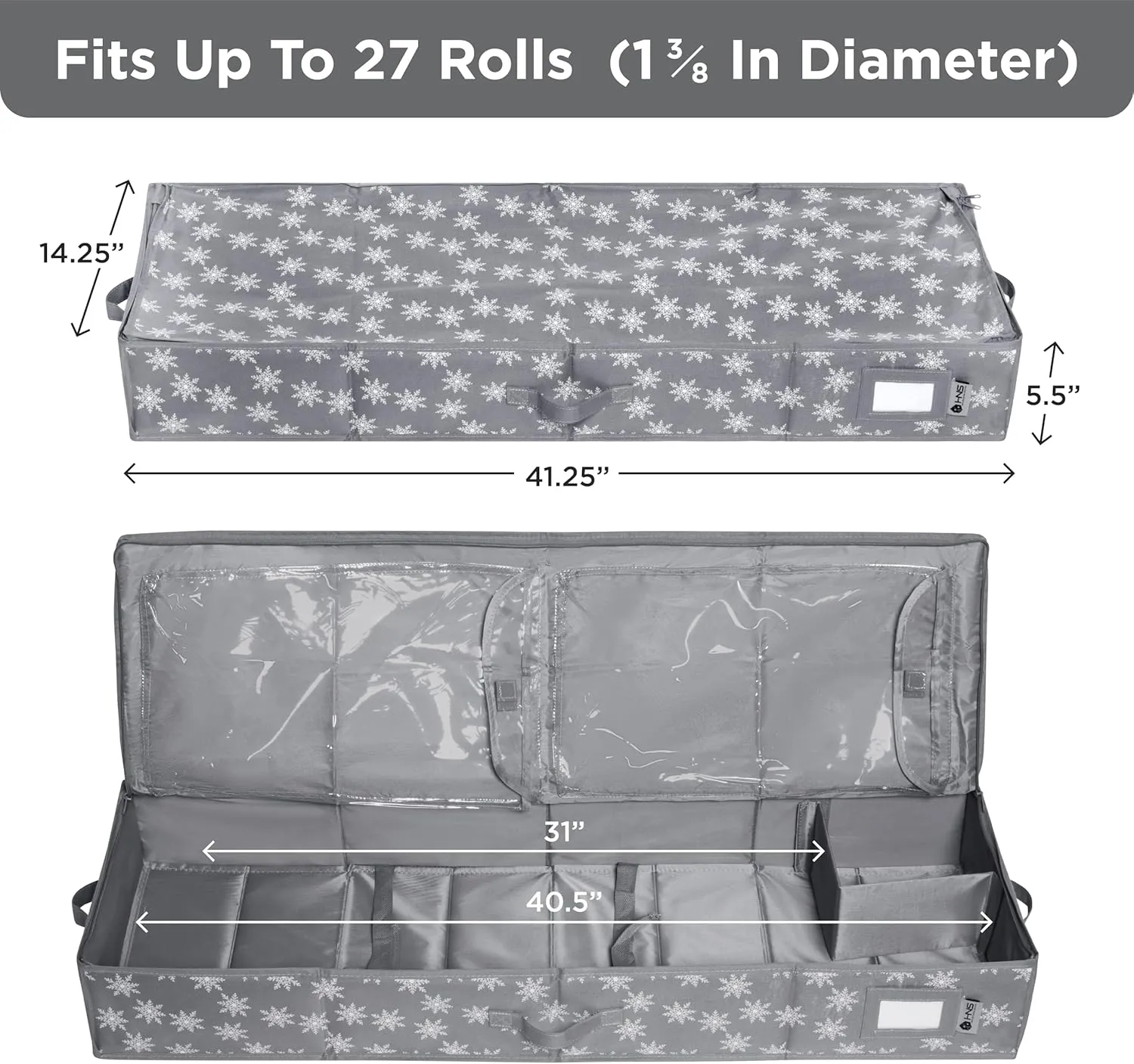 Wrapping Paper Storage Container – Fits up to 27 Rolls 1 3/8” Diam. - Underbed Gift Wrap Organizer Bags, Wrapping Paper Rolls, Ribbon, and Bows - Under Bed- Durable Material 600D - Up to 40" Rolls