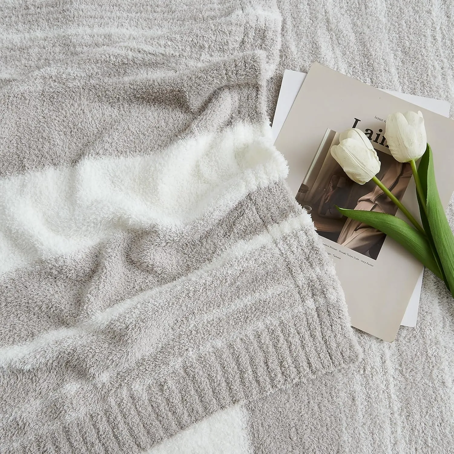 WRENGONGE Taupe Throw Blanket, 50x70 Soft Cozy Striped Throw Blankets for Couch, Sofa, Bed, Travel, Lightweight Fluffy Warm Plush Decorative Blankets for Women, Men,Kids Gift