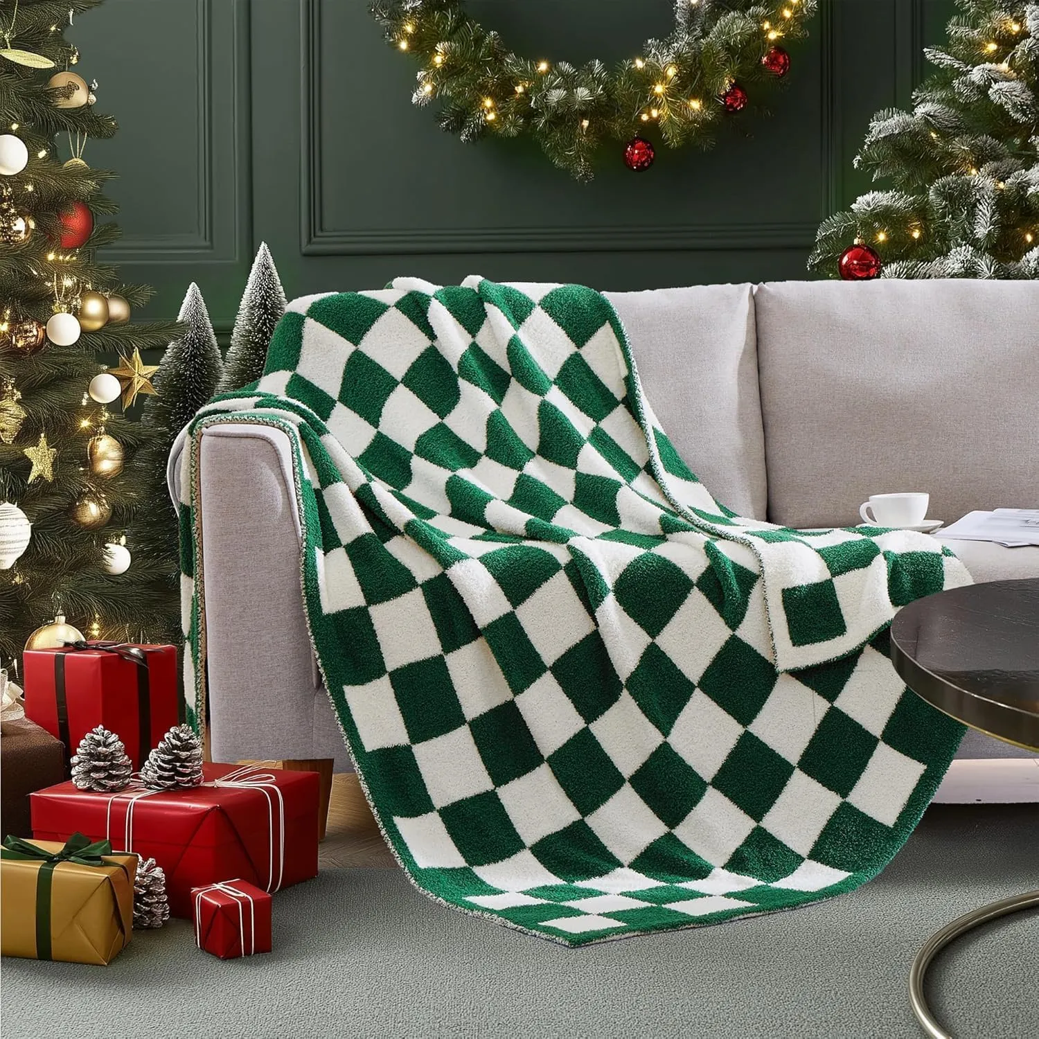 WRENSONGE Checkered Throw Blanket, Avocado Green Soft Cozy Fluffy Warm Hand Made Throw Blankets for Couch, Sofa, Chair, Bed, Camping, Picnic, Travel Lightweight Bed Blanket - 60"*80"