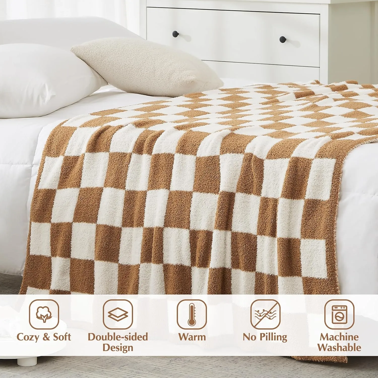 WRENSONGE Checkered Throw Blanket, Burnt Orange Soft Cozy Fluffy Warm Hand Made Throw Blankets for Couch, Sofa, Chair, Bed, Camping, Picnic, Travel Lightweight Bed Blanket - 60"*80"