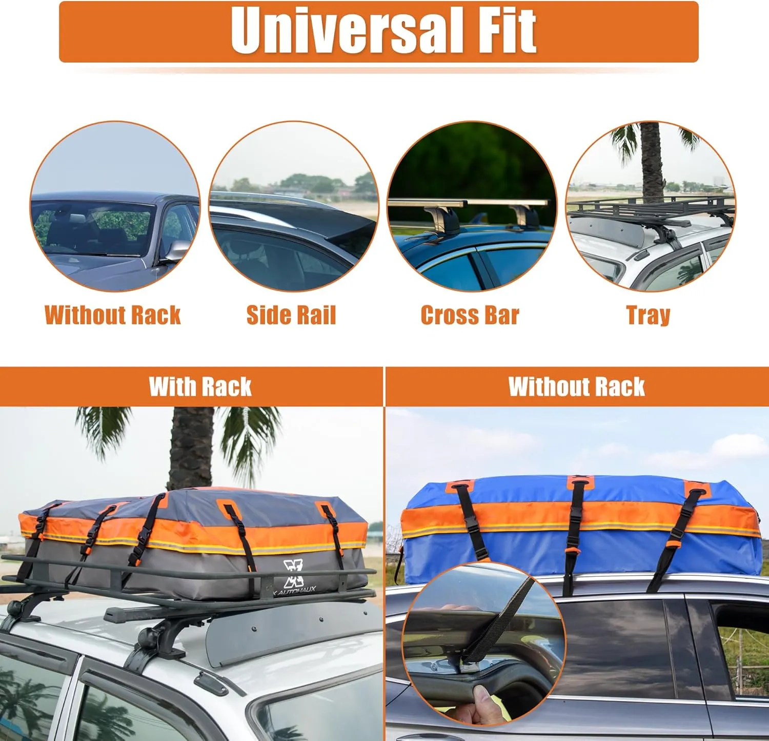 X AUTOHAUX 1000D PVC Waterproof Car Roof Bag Rooftop Cargo Carrier Bag Luggage Carriers for Cars with or without Rack Anti-Slip Mat 6 Door Hooks Set Blue - 20 Cubic Feet
