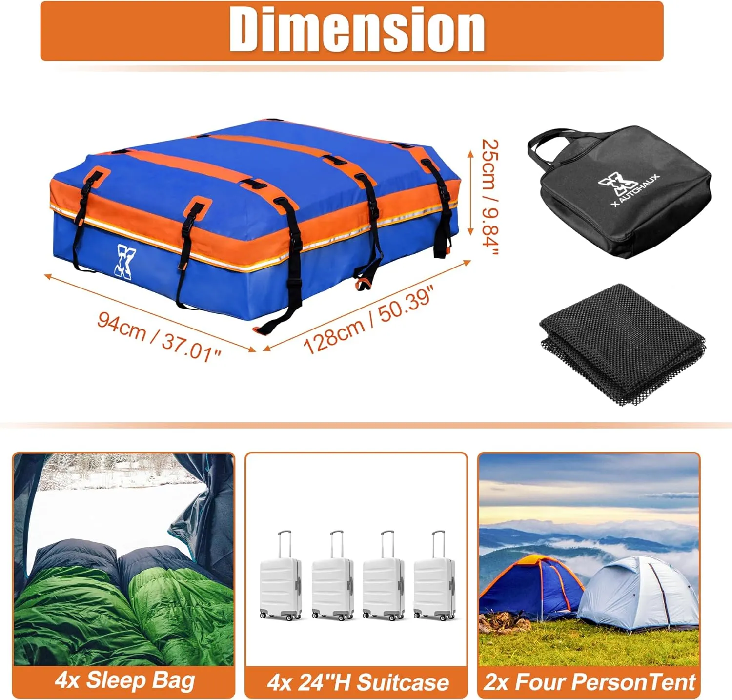 X AUTOHAUX 1000D PVC Waterproof Car Roof Bag Rooftop Cargo Carrier Bag Luggage Carriers for Cars with or without Rack Anti-Slip Mat 6 Door Hooks Set Blue - 20 Cubic Feet