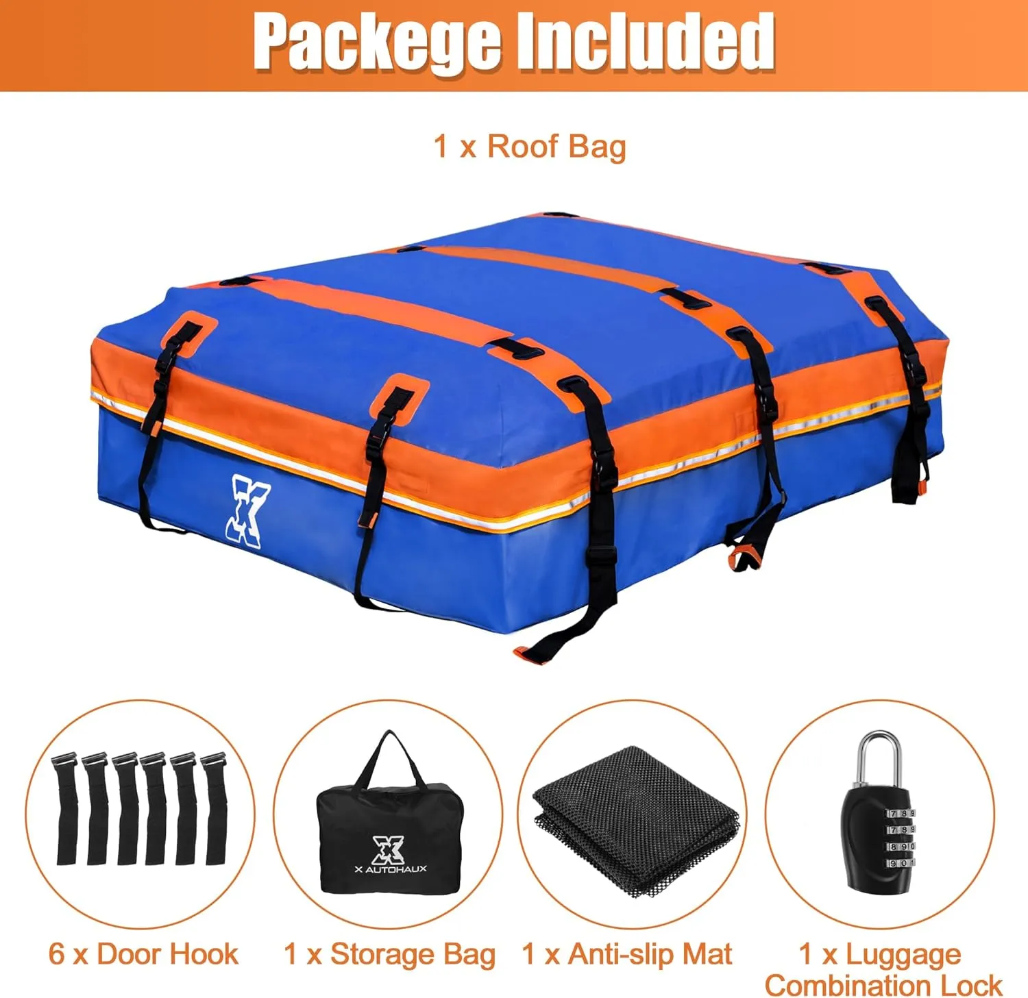 X AUTOHAUX 1000D PVC Waterproof Car Roof Bag Rooftop Cargo Carrier Bag Luggage Carriers for Cars with or without Rack Anti-Slip Mat 6 Door Hooks Set Blue - 20 Cubic Feet