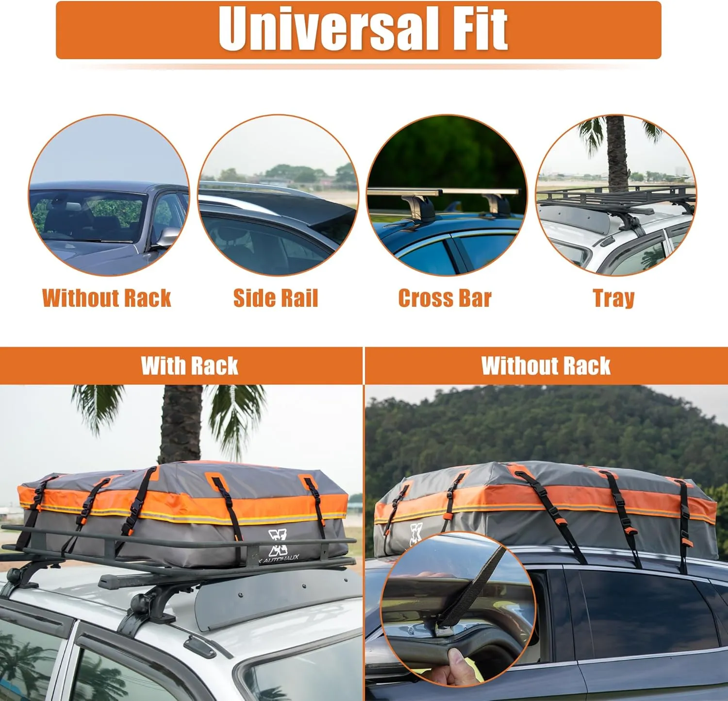 X AUTOHAUX 1000D PVC Waterproof Car Roof Bag Rooftop Cargo Carrier Bag Luggage Carriers for Cars with or without Rack Anti-Slip Mat 6 Door Hooks Set Gray - 15 Cubic Feet