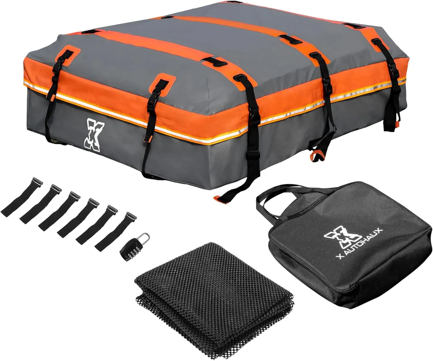 X AUTOHAUX 1000D PVC Waterproof Car Roof Bag Rooftop Cargo Carrier Bag Luggage Carriers for Cars with or without Rack Anti-Slip Mat 6 Door Hooks Set Gray - 15 Cubic Feet