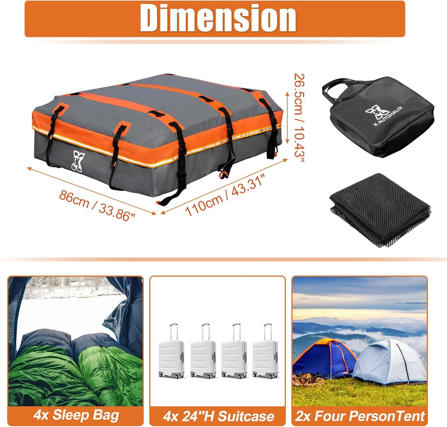 X AUTOHAUX 1000D PVC Waterproof Car Roof Bag Rooftop Cargo Carrier Bag Luggage Carriers for Cars with or without Rack Anti-Slip Mat 6 Door Hooks Set Gray - 15 Cubic Feet