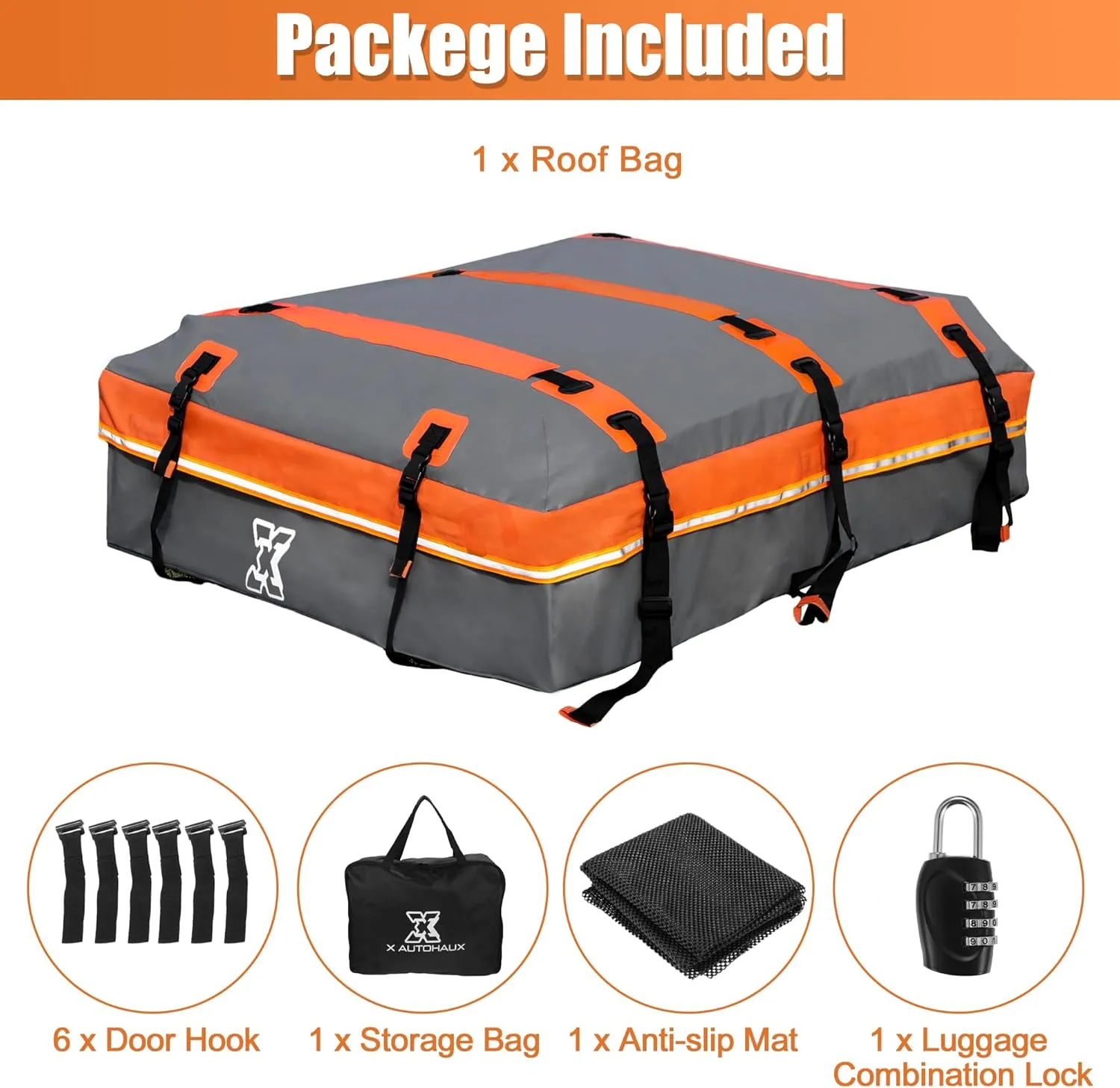 X AUTOHAUX 1000D PVC Waterproof Car Roof Bag Rooftop Cargo Carrier Bag Luggage Carriers for Cars with or without Rack Anti-Slip Mat 6 Door Hooks Set Gray - 15 Cubic Feet