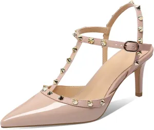 XINIUNIU Studded Heels for Women Kitten Heels with Studs Stiletto Sandals with Rivet Ankle Strap Patent Leather Pointy Toe 2.5 Inch Party Daily Wear Evening Sandals