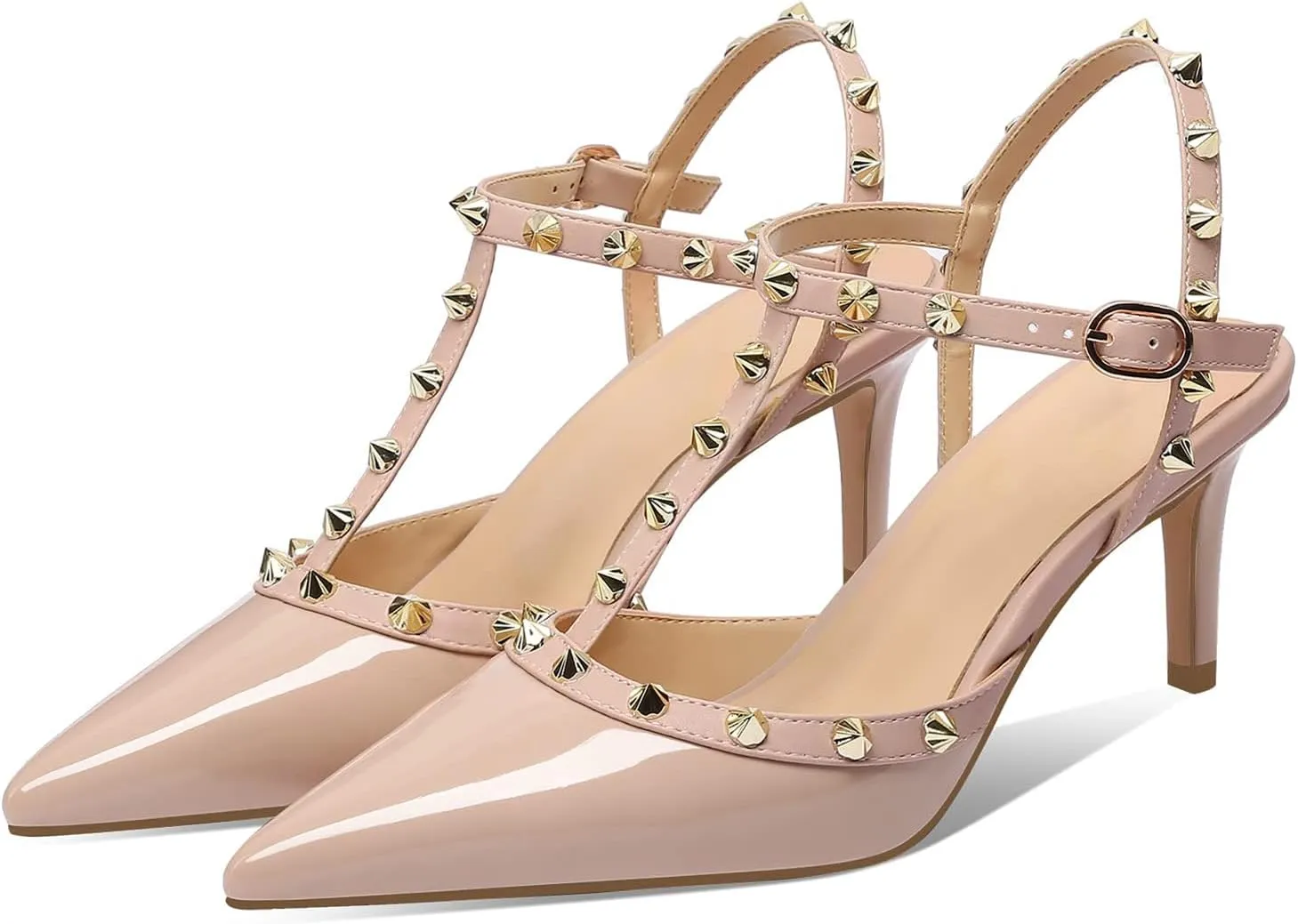 XINIUNIU Studded Heels for Women Kitten Heels with Studs Stiletto Sandals with Rivet Ankle Strap Patent Leather Pointy Toe 2.5 Inch Party Daily Wear Evening Sandals