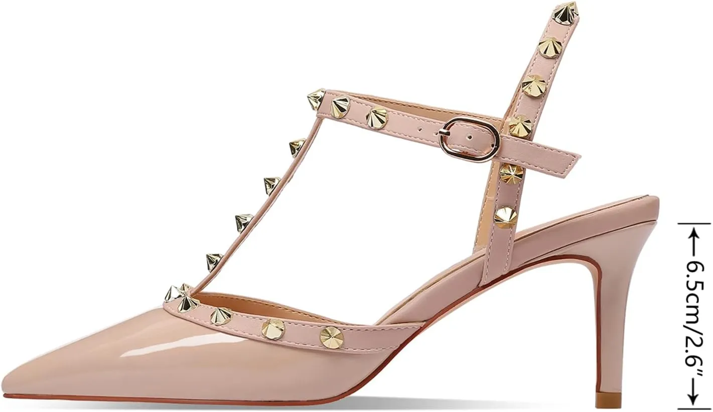 XINIUNIU Studded Heels for Women Kitten Heels with Studs Stiletto Sandals with Rivet Ankle Strap Patent Leather Pointy Toe 2.5 Inch Party Daily Wear Evening Sandals