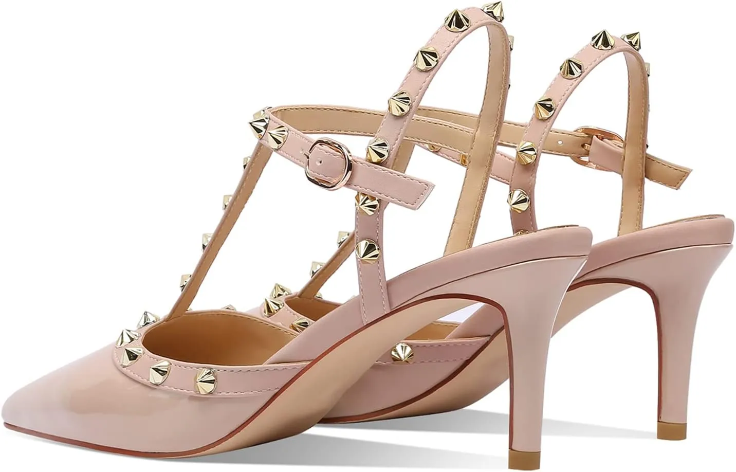 XINIUNIU Studded Heels for Women Kitten Heels with Studs Stiletto Sandals with Rivet Ankle Strap Patent Leather Pointy Toe 2.5 Inch Party Daily Wear Evening Sandals