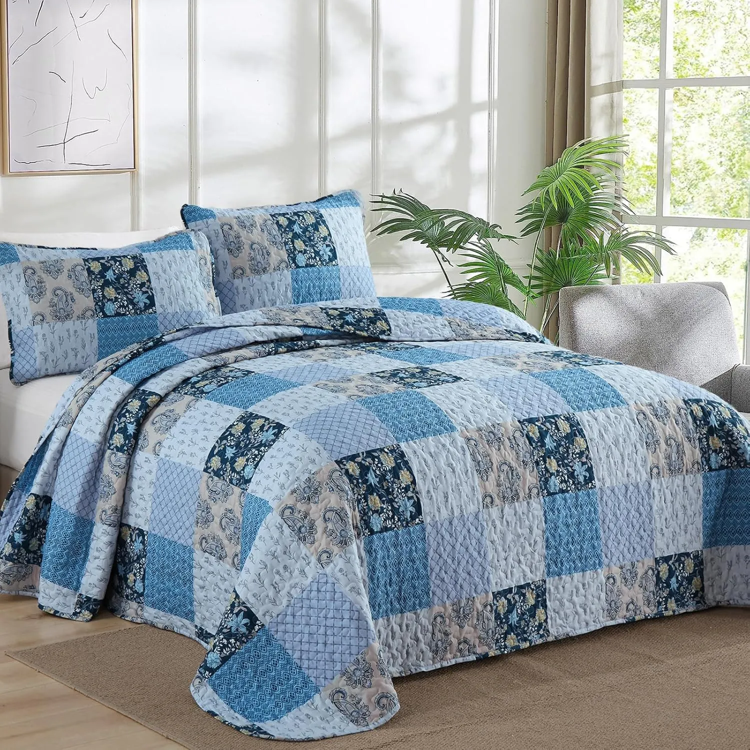 Xruibed Blue Quilt Set King Size 3 Pieces Plaid Floral Boho Bedspread Coverlet Set Patchwork Pattern Reversible Bedding Set Soft Microfiber Bedspread Set King for All Season(King,104"X90")