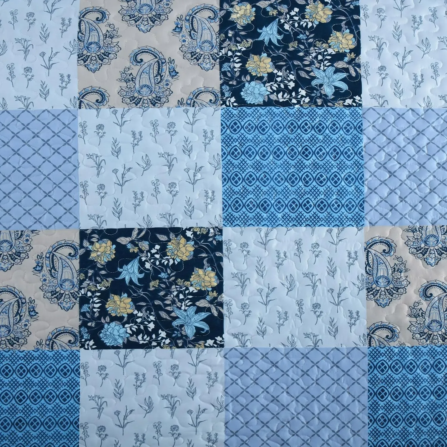 Xruibed Blue Quilt Set King Size 3 Pieces Plaid Floral Boho Bedspread Coverlet Set Patchwork Pattern Reversible Bedding Set Soft Microfiber Bedspread Set King for All Season(King,104"X90")