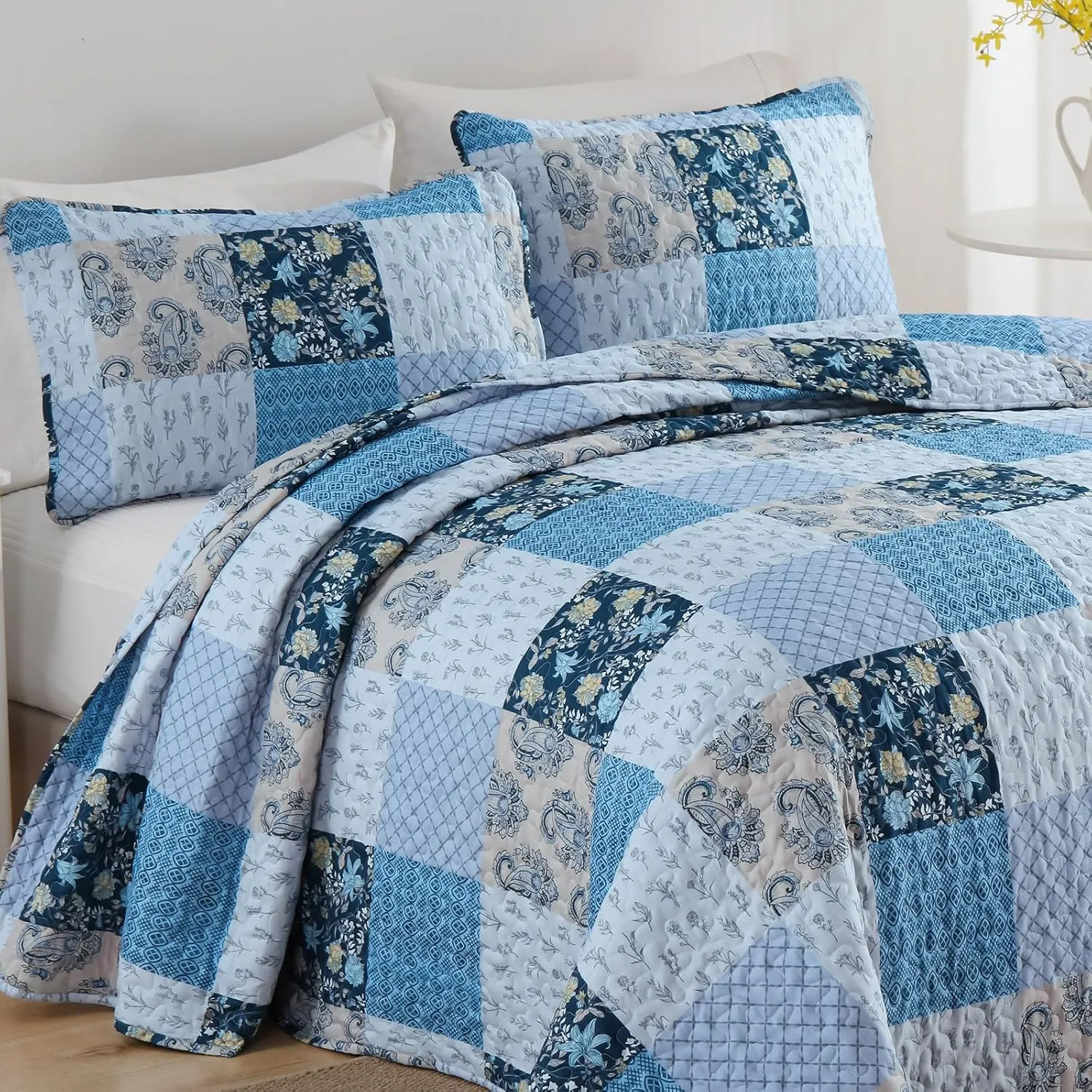 Xruibed Blue Quilt Set King Size 3 Pieces Plaid Floral Boho Bedspread Coverlet Set Patchwork Pattern Reversible Bedding Set Soft Microfiber Bedspread Set King for All Season(King,104"X90")