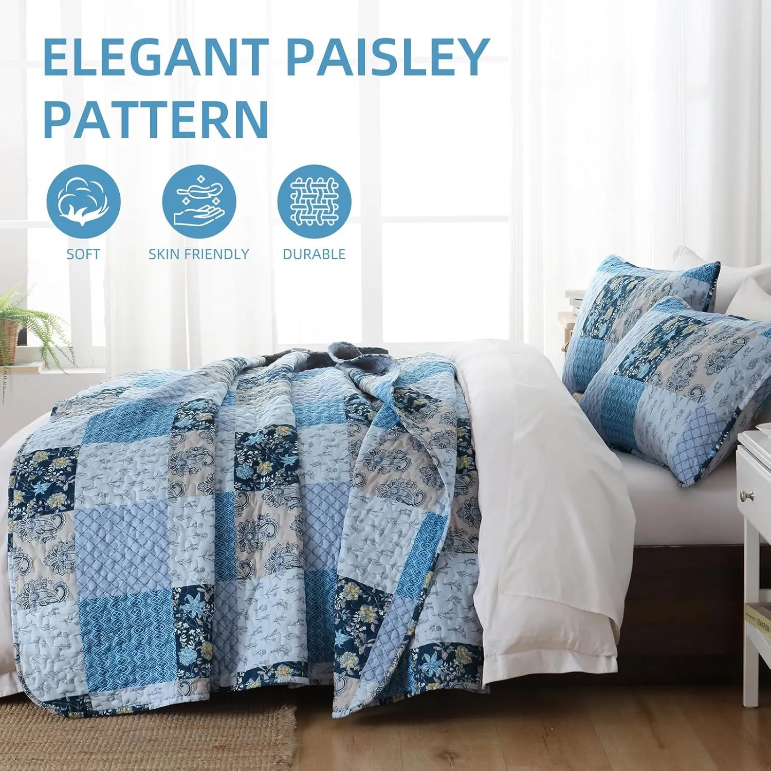 Xruibed Blue Quilt Set King Size 3 Pieces Plaid Floral Boho Bedspread Coverlet Set Patchwork Pattern Reversible Bedding Set Soft Microfiber Bedspread Set King for All Season(King,104"X90")