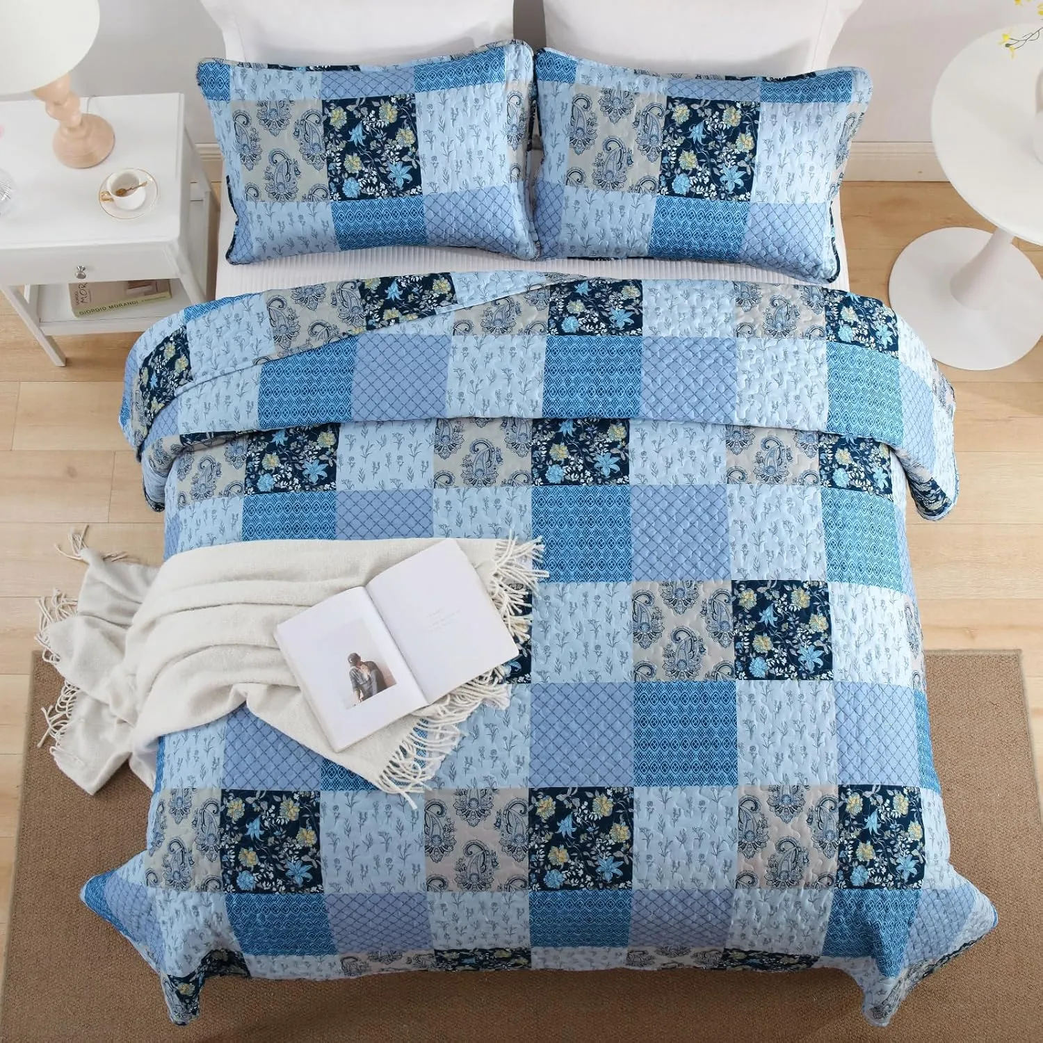 Xruibed Blue Quilt Set King Size 3 Pieces Plaid Floral Boho Bedspread Coverlet Set Patchwork Pattern Reversible Bedding Set Soft Microfiber Bedspread Set King for All Season(King,104"X90")