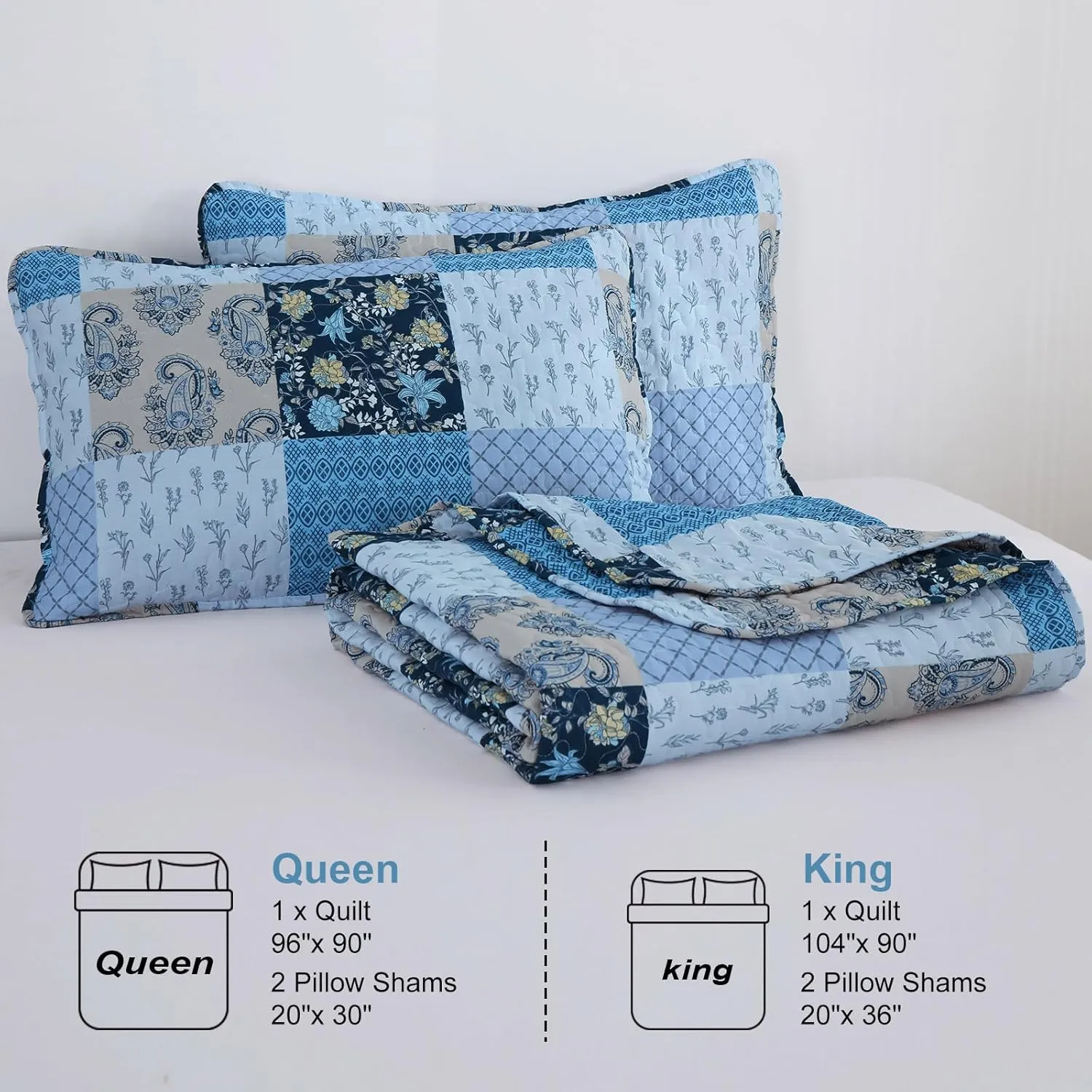 Xruibed Blue Quilt Set King Size 3 Pieces Plaid Floral Boho Bedspread Coverlet Set Patchwork Pattern Reversible Bedding Set Soft Microfiber Bedspread Set King for All Season(King,104"X90")