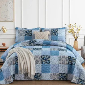 Xruibed Blue Quilt Set King Size 3 Pieces Plaid Floral Boho Bedspread Coverlet Set Patchwork Pattern Reversible Bedding Set Soft Microfiber Bedspread Set King for All Season(King,104"X90")