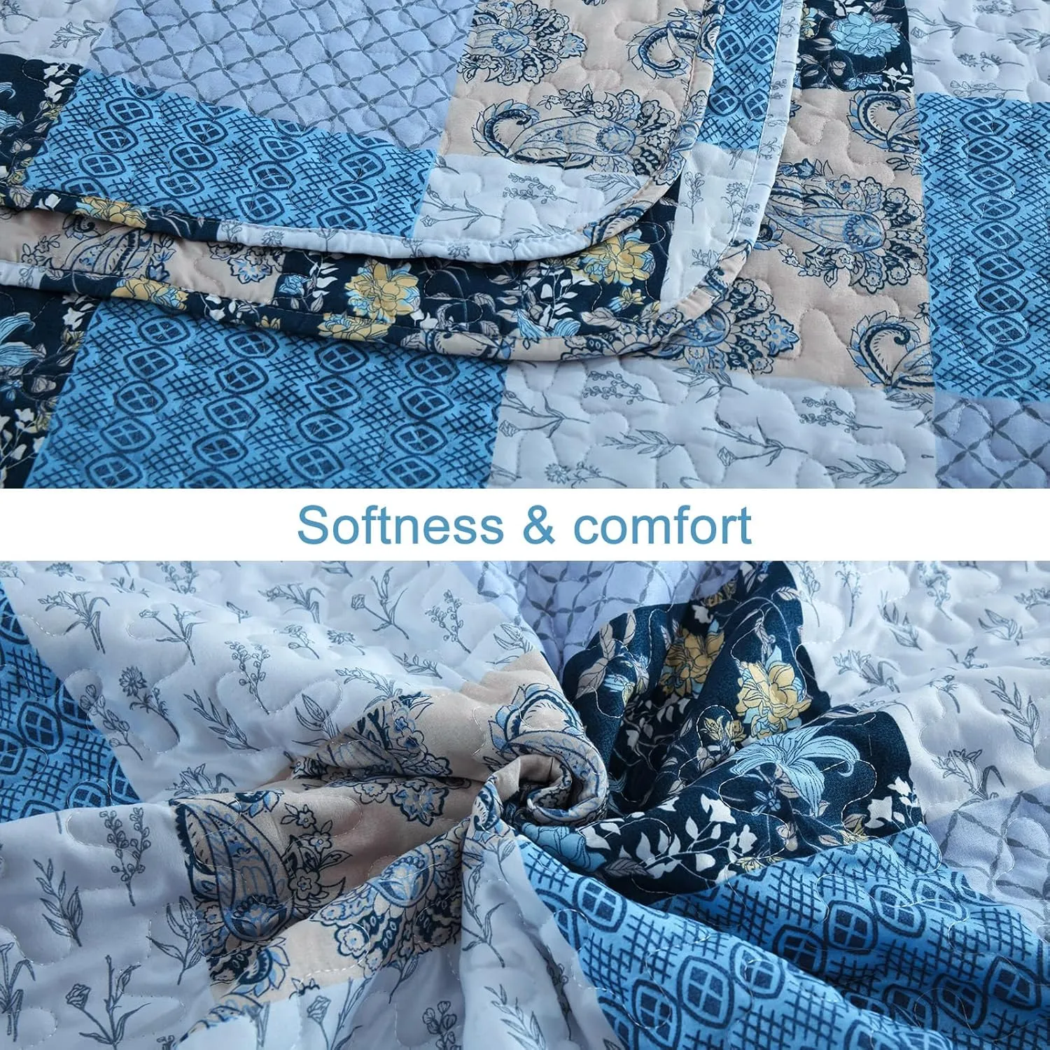 Xruibed Blue Quilt Set King Size 3 Pieces Plaid Floral Boho Bedspread Coverlet Set Patchwork Pattern Reversible Bedding Set Soft Microfiber Bedspread Set King for All Season(King,104"X90")