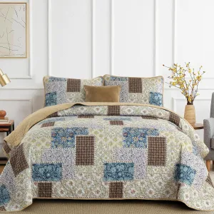 Xruibed Brown Patchwork Quilt Set King Size 3 Pieces Plaid Floral Bedspread Coverlet Set Farmhouse Patchwork Reversible Bedding Set Soft Microfiber Bedspread Set King for All Season(King,104"X90")