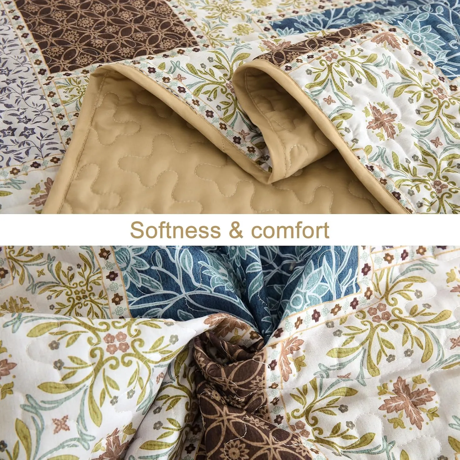 Xruibed Brown Patchwork Quilt Set King Size 3 Pieces Plaid Floral Bedspread Coverlet Set Farmhouse Patchwork Reversible Bedding Set Soft Microfiber Bedspread Set King for All Season(King,104"X90")