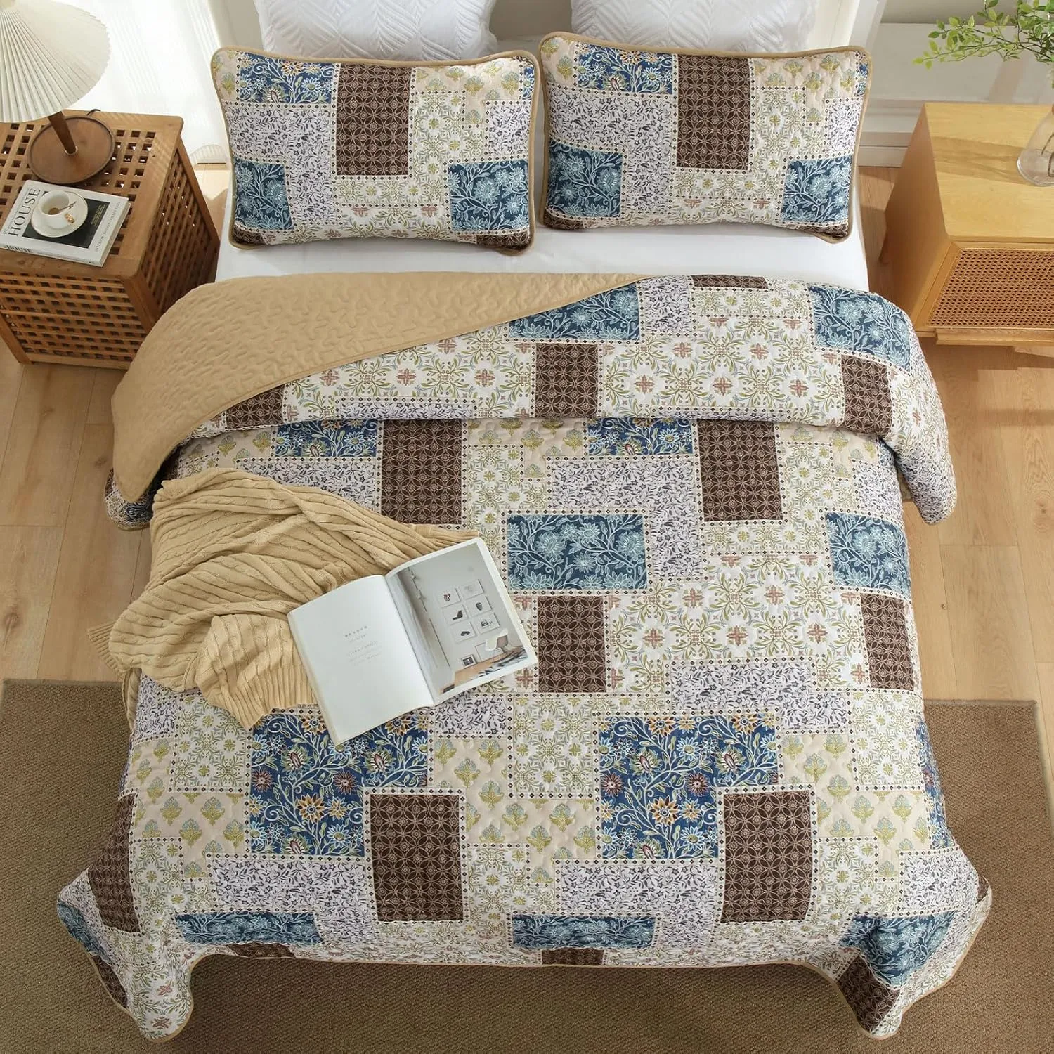 Xruibed Brown Patchwork Quilt Set King Size 3 Pieces Plaid Floral Bedspread Coverlet Set Farmhouse Patchwork Reversible Bedding Set Soft Microfiber Bedspread Set King for All Season(King,104"X90")
