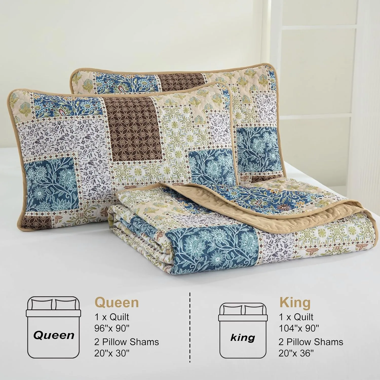 Xruibed Brown Patchwork Quilt Set King Size 3 Pieces Plaid Floral Bedspread Coverlet Set Farmhouse Patchwork Reversible Bedding Set Soft Microfiber Bedspread Set King for All Season(King,104"X90")