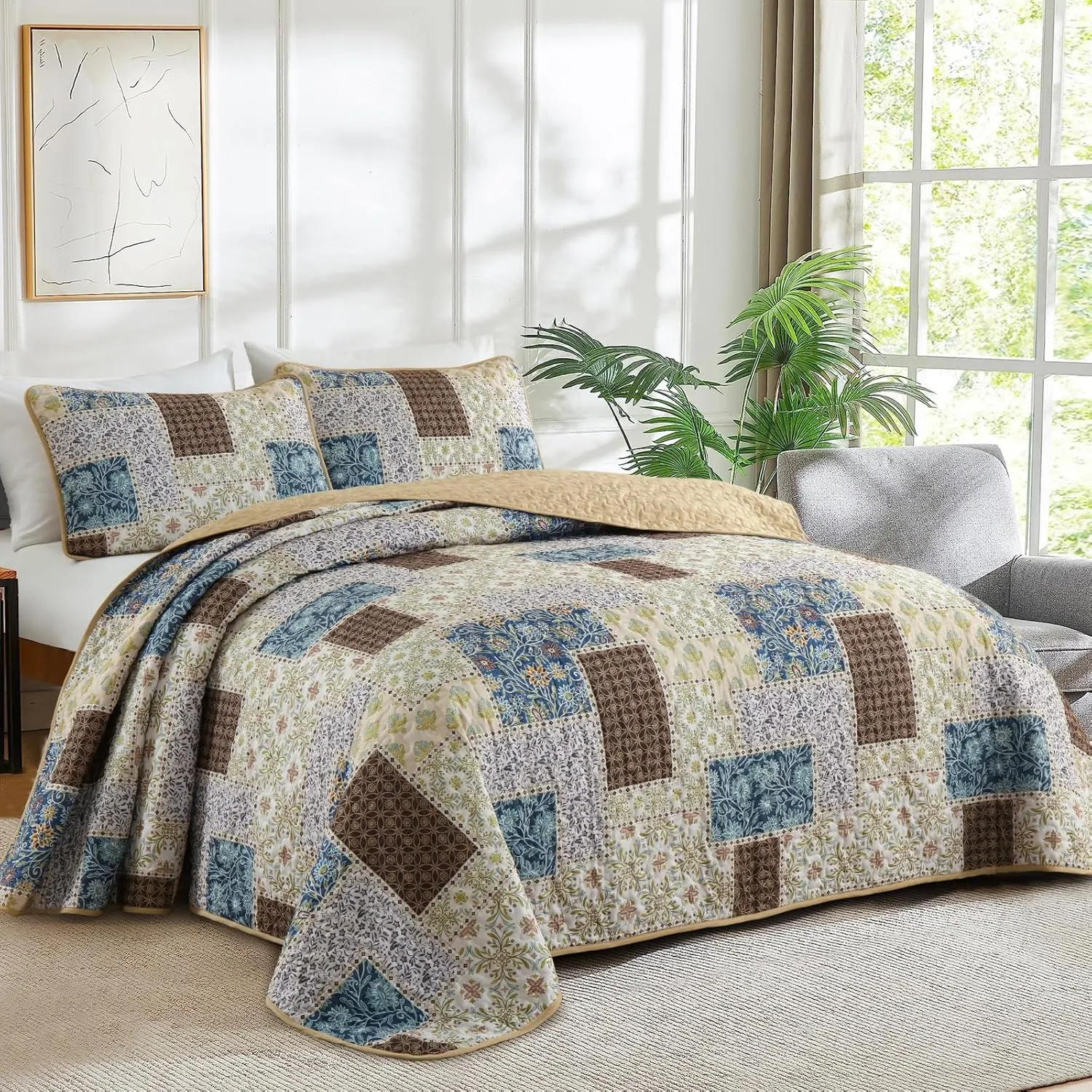 Xruibed Brown Patchwork Quilt Set King Size 3 Pieces Plaid Floral Bedspread Coverlet Set Farmhouse Patchwork Reversible Bedding Set Soft Microfiber Bedspread Set King for All Season(King,104"X90")
