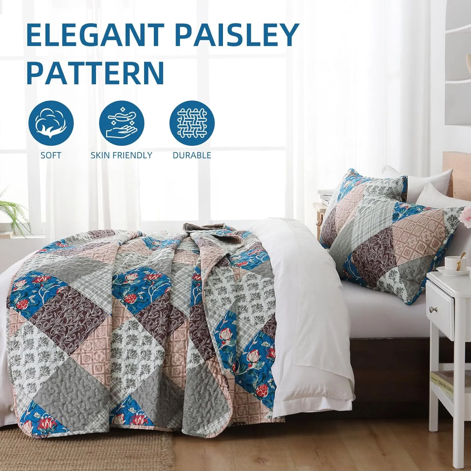 Xruibed Floral Plaid Patchwork Quilt Set Queen Size 3 Pieces Blue Brown Bedspread Set Reversible Quilt Bedding Set Microfiber Bedding Bedspread Coverlet Set for All Season(Queen 96"x90")