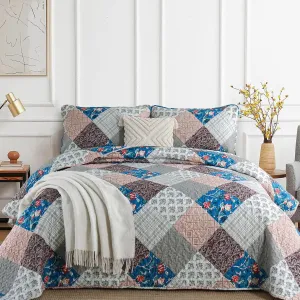 Xruibed Floral Plaid Patchwork Quilt Set Queen Size 3 Pieces Blue Brown Bedspread Set Reversible Quilt Bedding Set Microfiber Bedding Bedspread Coverlet Set for All Season(Queen 96"x90")