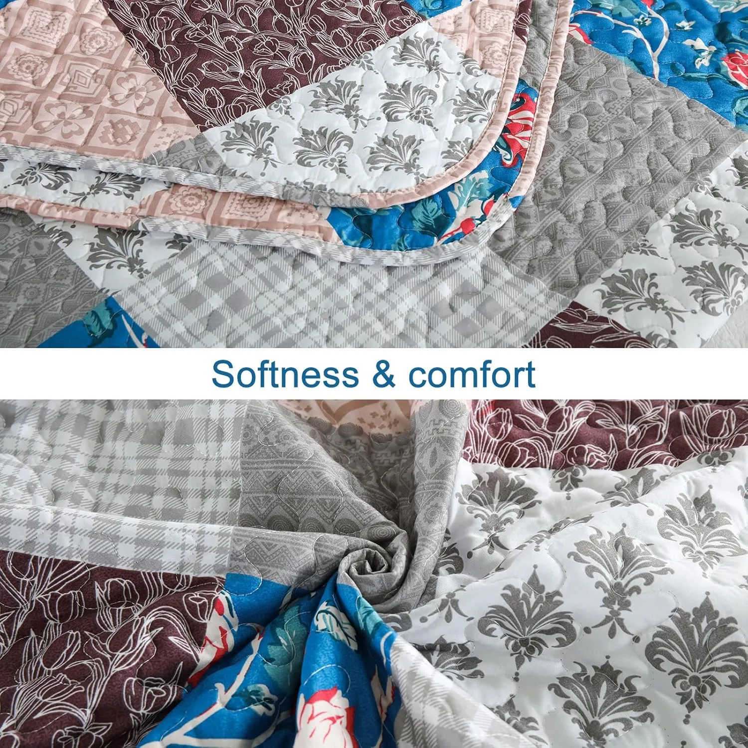 Xruibed Floral Plaid Patchwork Quilt Set Queen Size 3 Pieces Blue Brown Bedspread Set Reversible Quilt Bedding Set Microfiber Bedding Bedspread Coverlet Set for All Season(Queen 96"x90")