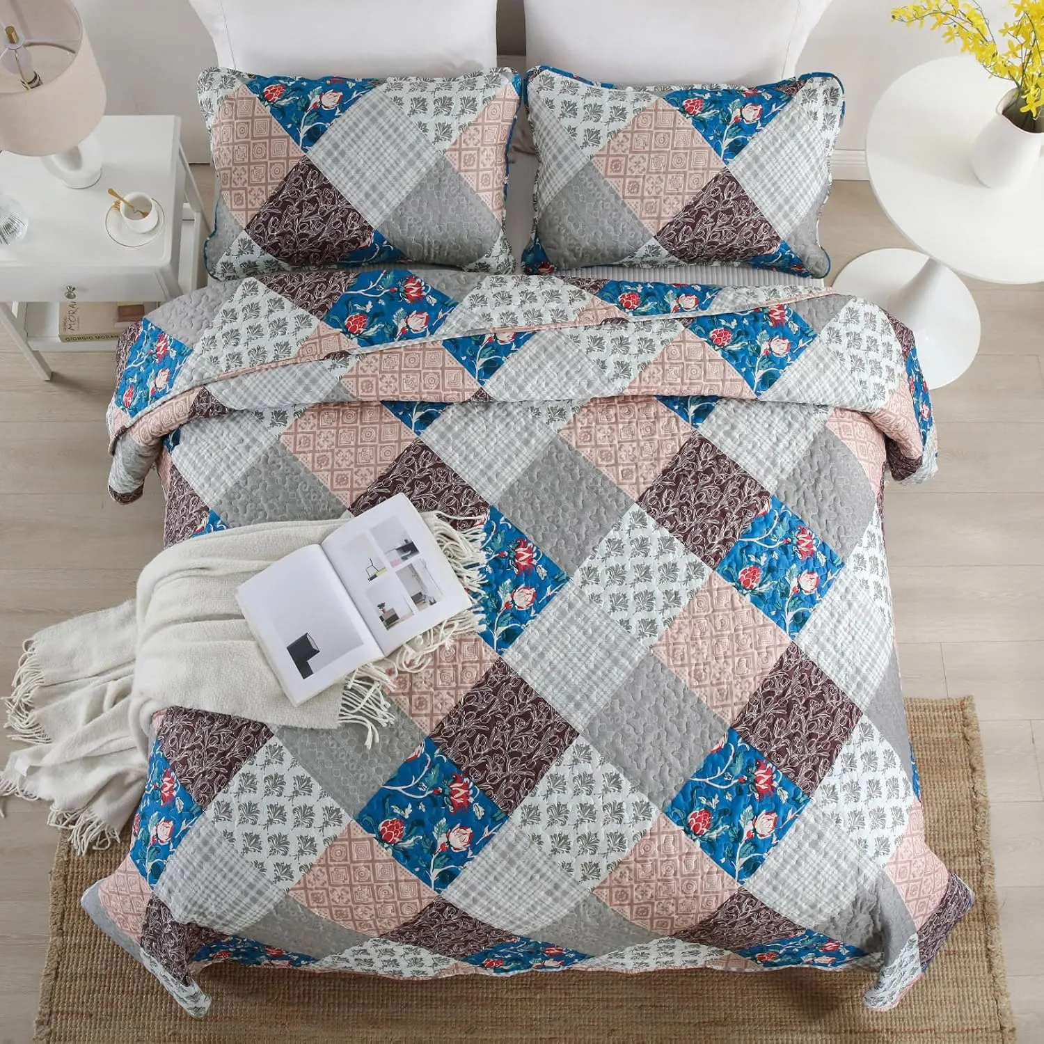 Xruibed Floral Plaid Patchwork Quilt Set Queen Size 3 Pieces Blue Brown Bedspread Set Reversible Quilt Bedding Set Microfiber Bedding Bedspread Coverlet Set for All Season(Queen 96"x90")