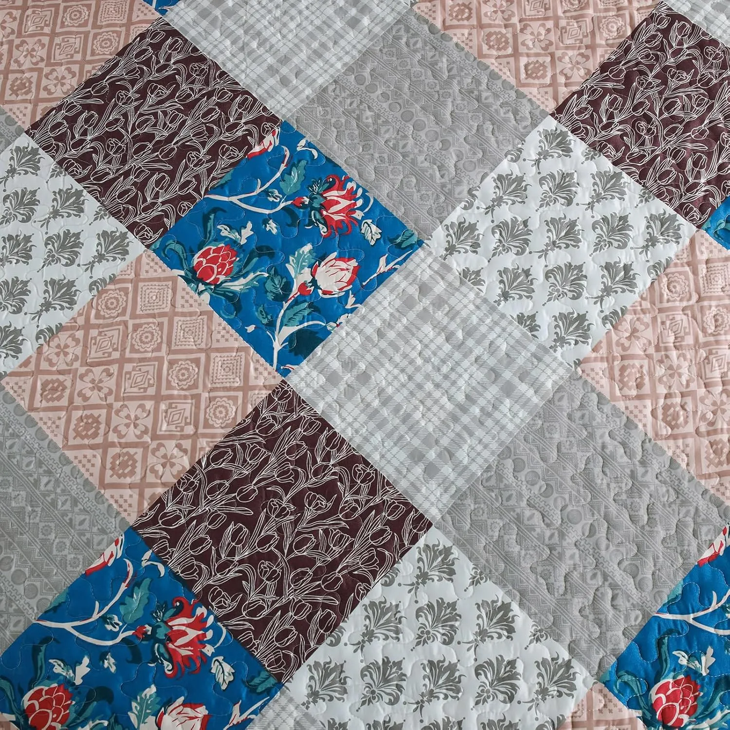 Xruibed Floral Plaid Patchwork Quilt Set Queen Size 3 Pieces Blue Brown Bedspread Set Reversible Quilt Bedding Set Microfiber Bedding Bedspread Coverlet Set for All Season(Queen 96"x90")