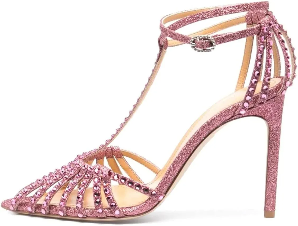 XYD Women Gorgeous Ankle Strap Caged Sandals High Heels Cutout Pointed Toe Slingback Stilettos Cocktail Prom Shoes