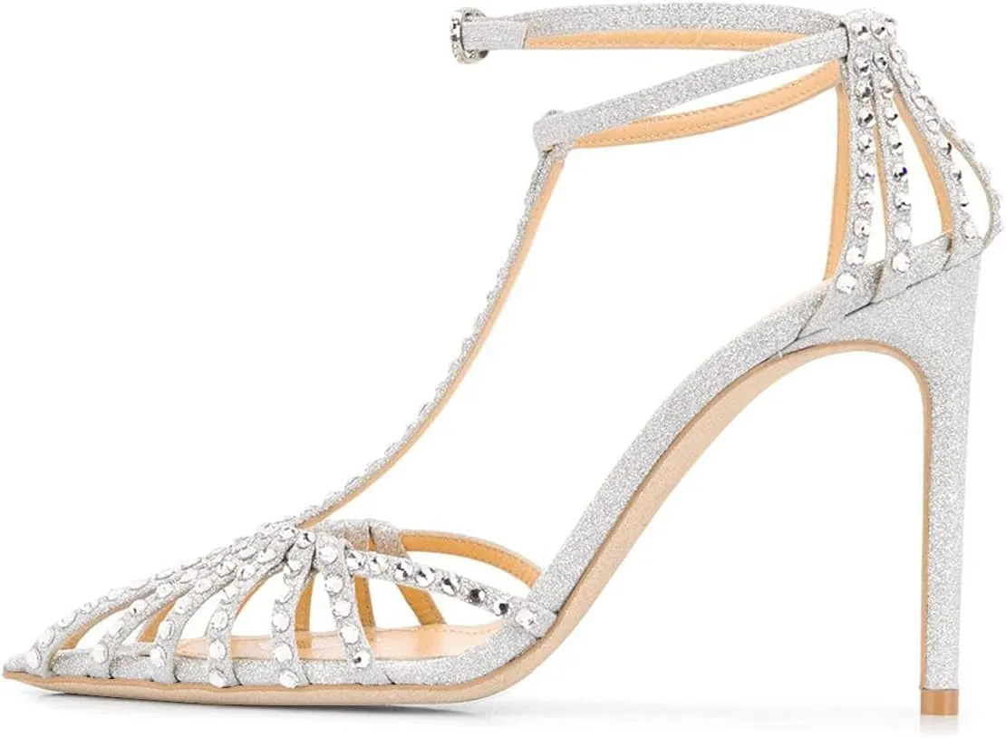 XYD Women Gorgeous Ankle Strap Caged Sandals High Heels Cutout Pointed Toe Slingback Stilettos Cocktail Prom Shoes