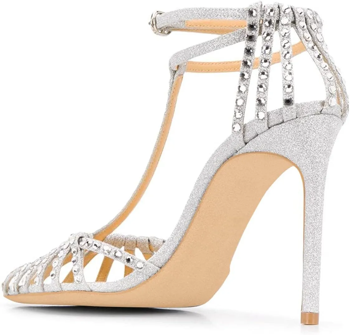 XYD Women Gorgeous Ankle Strap Caged Sandals High Heels Cutout Pointed Toe Slingback Stilettos Cocktail Prom Shoes