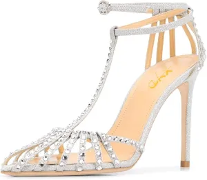 XYD Women Gorgeous Ankle Strap Caged Sandals High Heels Cutout Pointed Toe Slingback Stilettos Cocktail Prom Shoes