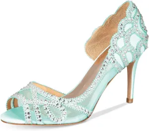 XYD Women Graceful Peep Toe Half D'Orsay Mesh Pumps Crystal Studded Slip On High Heels Wedding Bride Dress Shoes
