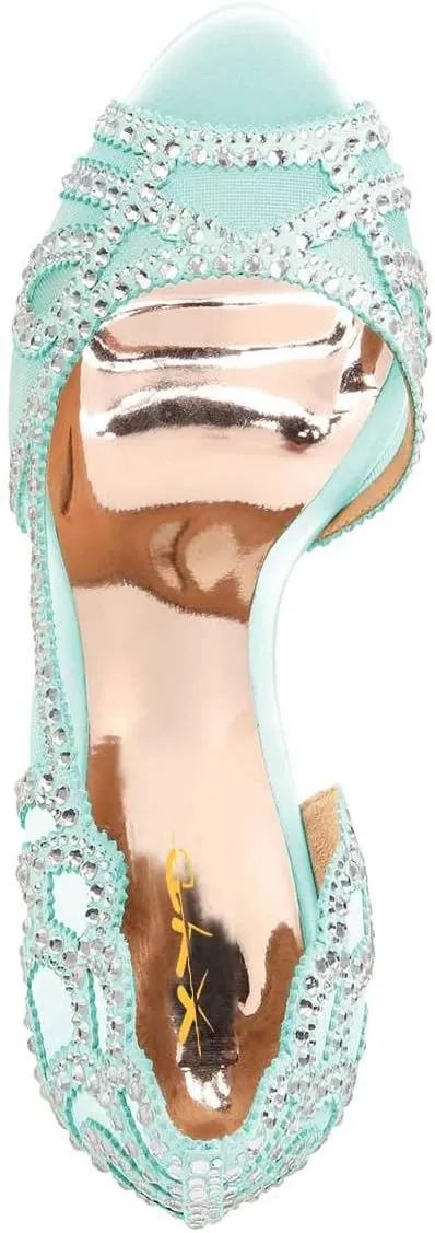 XYD Women Graceful Peep Toe Half D'Orsay Mesh Pumps Crystal Studded Slip On High Heels Wedding Bride Dress Shoes