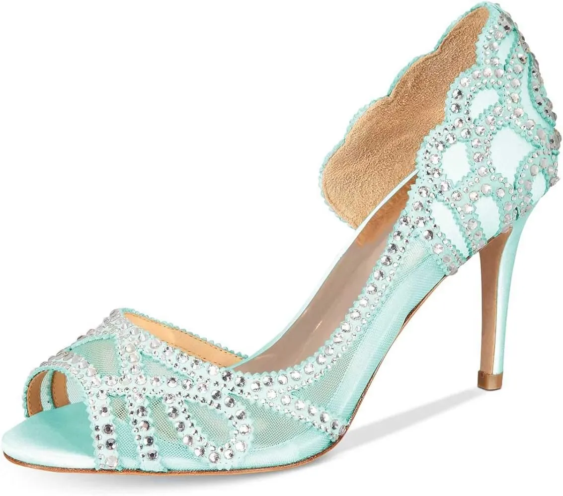 XYD Women Graceful Peep Toe Half D'Orsay Mesh Pumps Crystal Studded Slip On High Heels Wedding Bride Dress Shoes